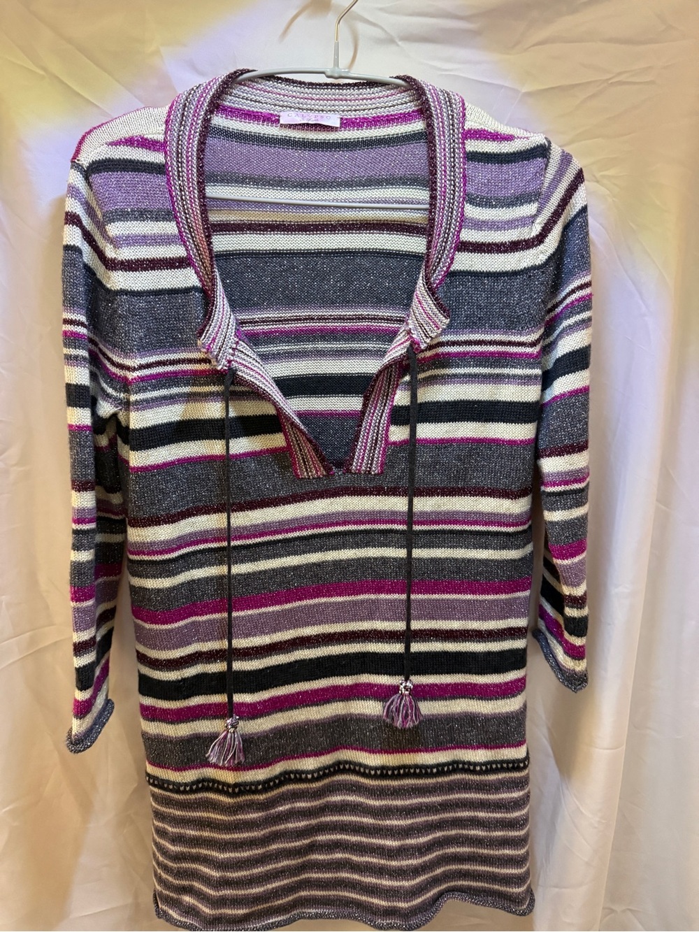 Calypso St. Barth Striped V-Neck Tassel Pullover - Purple, Gray, White